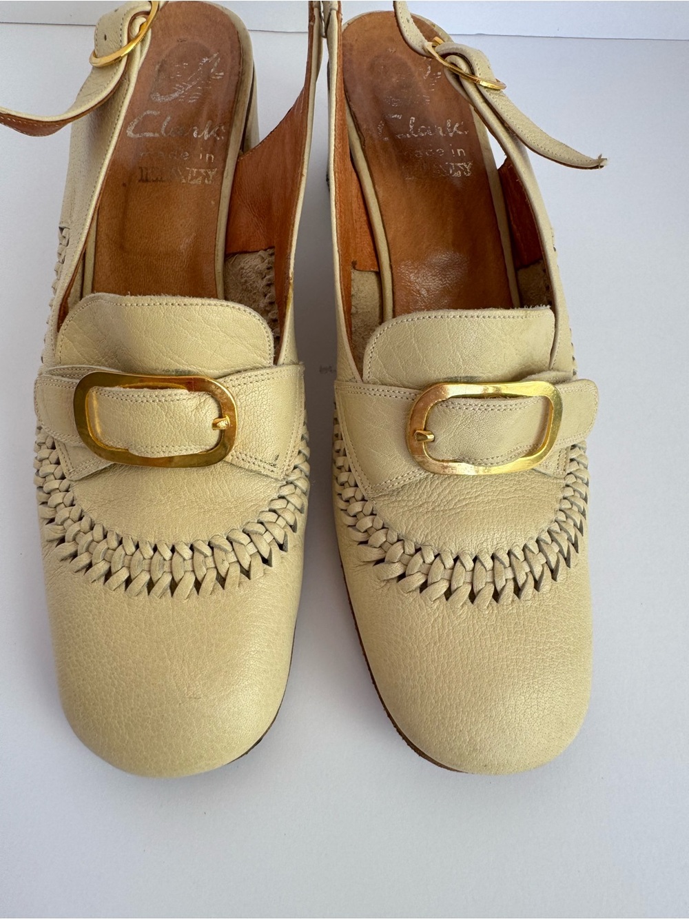 Clarks 70s Italian Leather Slingback Shoes 7.5 Narrow Block Heel Square Woven - Picture 5 of 14